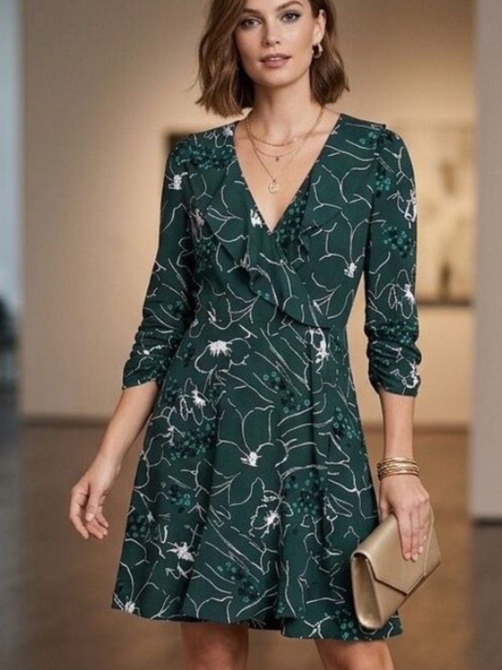 Cabi Green Floral Ruffle Wrap Dress XS Boho Long Sleeve‎ stretch travel mini